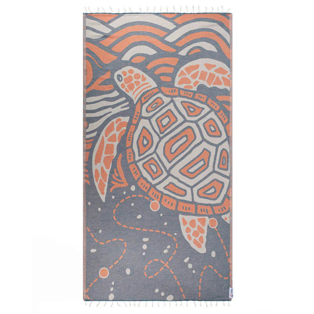 Gray and red Beach towel with a turtle design on a gray background.
