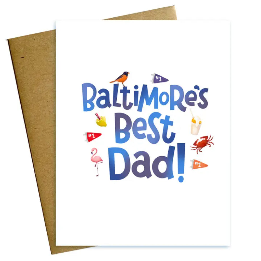 A Father's Day greeting card with the text 'Baltimore's Best Dad!' and various illustrations such as birds and a crab. A kraft envelope is included.