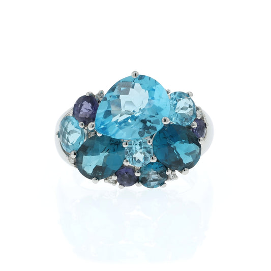 14k Gold Multi-Color Blue Topaz, Iolite and Diamond Cocktail Ring