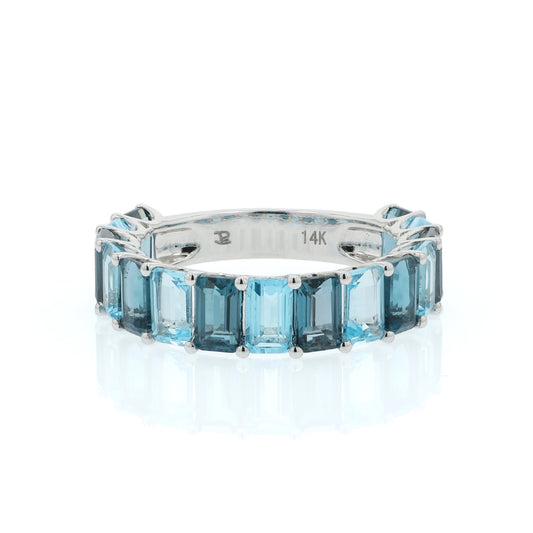 14k Gold Alternating Emerald Cut Blue Topaz 3/4 Way Band