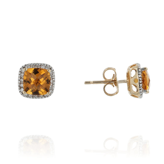 14k Yellow Gold Square Cushion Citrine and Diamond Halo Stud Earrings
