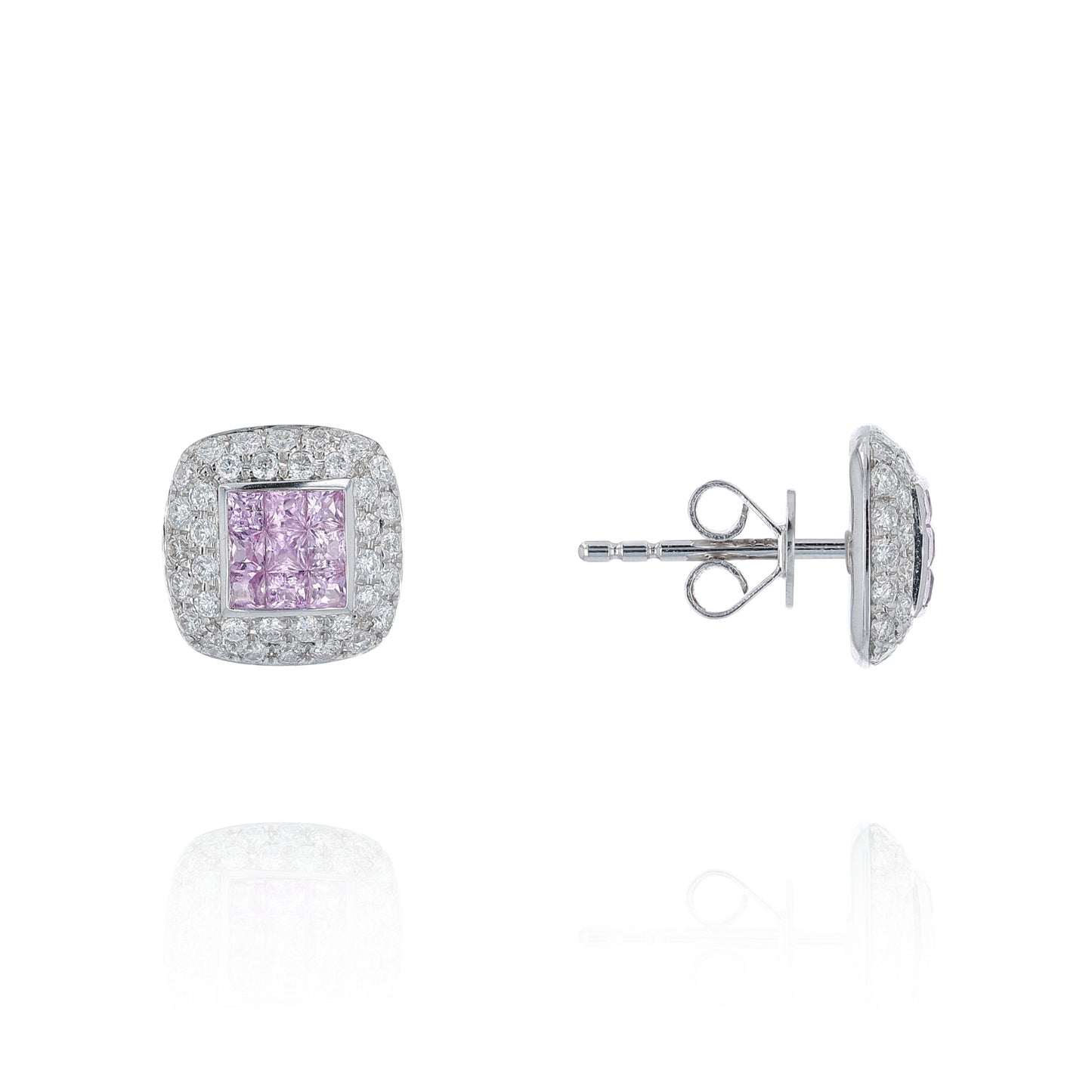 White gold cushion diamond and pink sapphire stud earrings on a white background