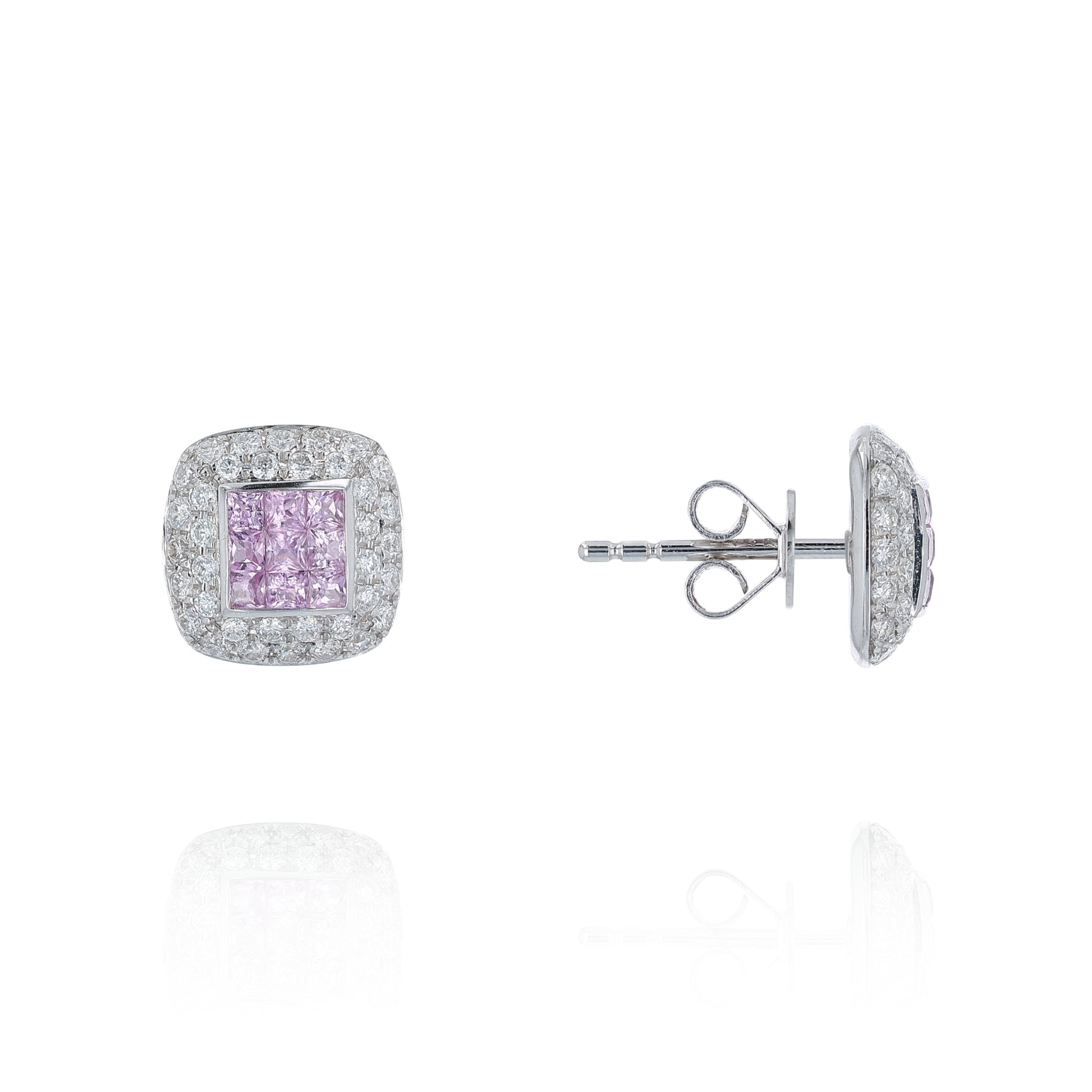 White gold cushion diamond and pink sapphire stud earrings on a white background