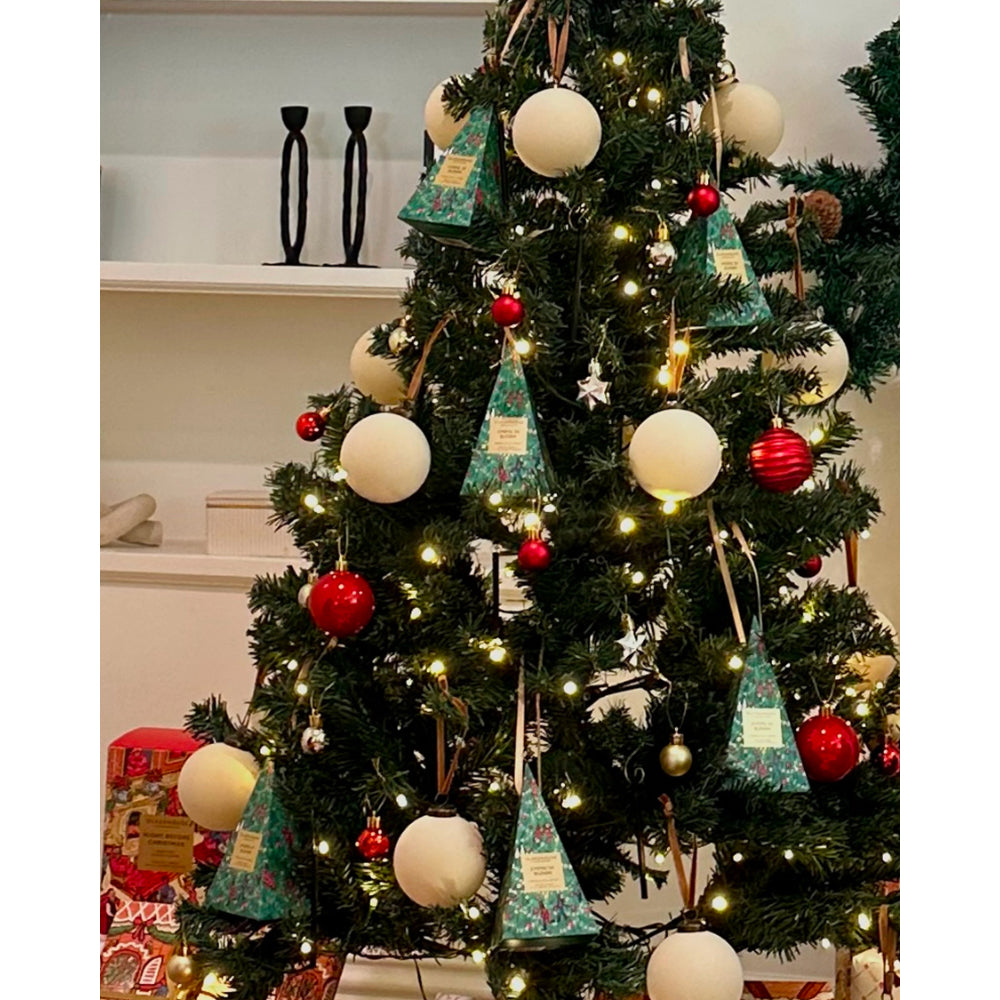 A decorated Christmas tree in a home setting, featuring white spherical ornaments, red baubles, and triangular green patterned ornaments with labels, lit with warm white string lights.