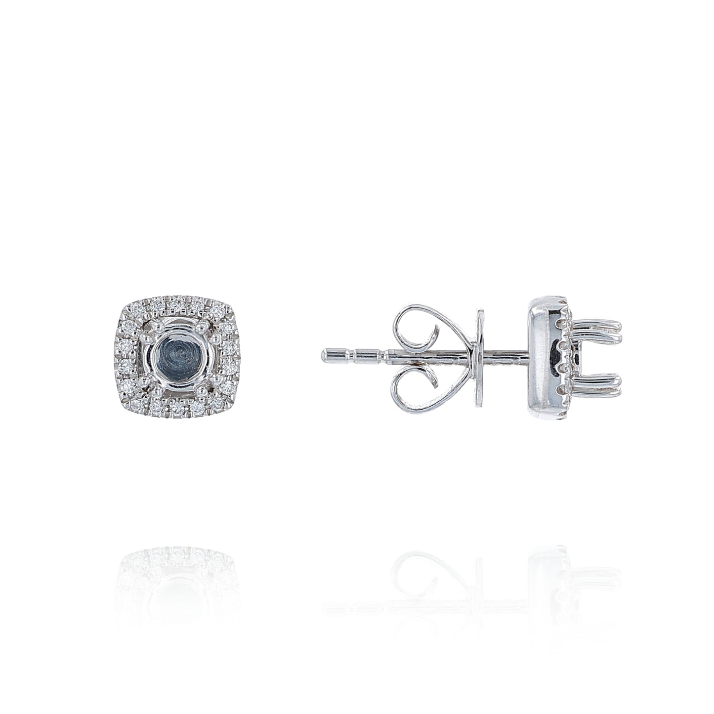 White gold cushion shape diamond halo stud earring mountings on a white background