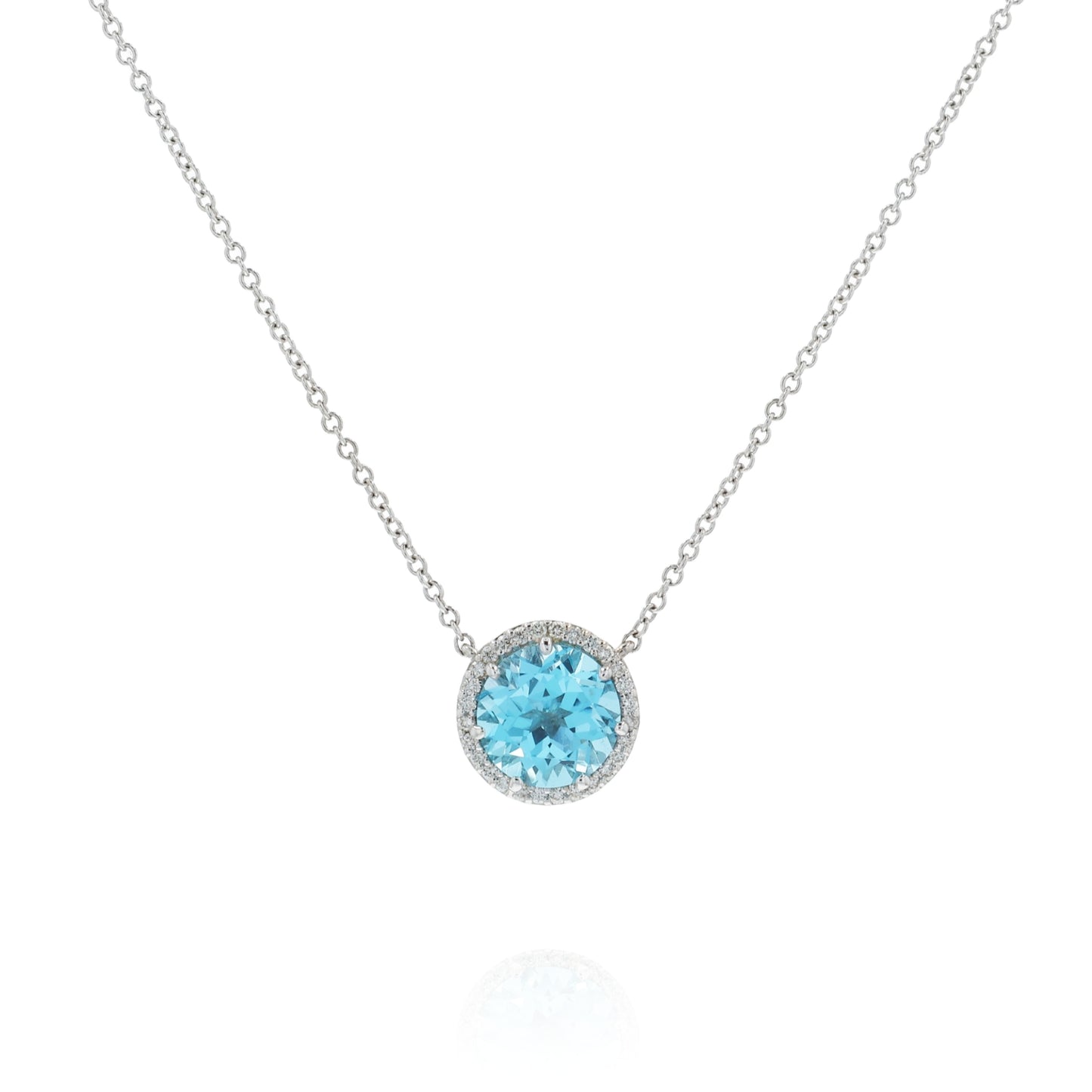 14k White Gold Swiss Blue Topaz and Diamond Halo Pendant Necklace