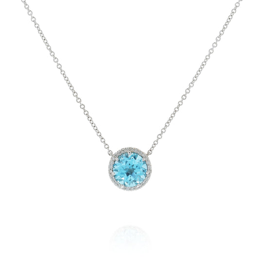 14k White Gold Swiss Blue Topaz and Diamond Halo Pendant Necklace