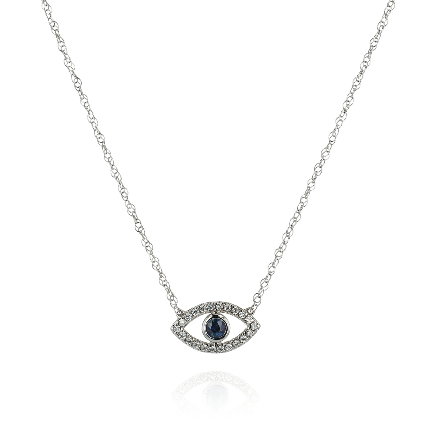 14k White Gold 18" Evil Eye Sapphire and Diamond Pendant Necklace