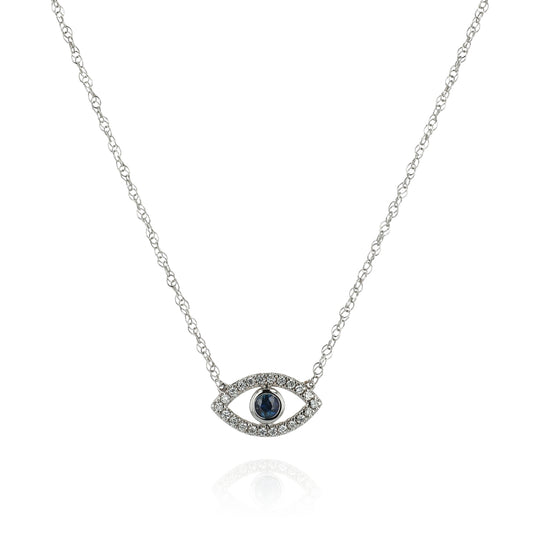 14k White Gold 18" Evil Eye Sapphire and Diamond Pendant Necklace
