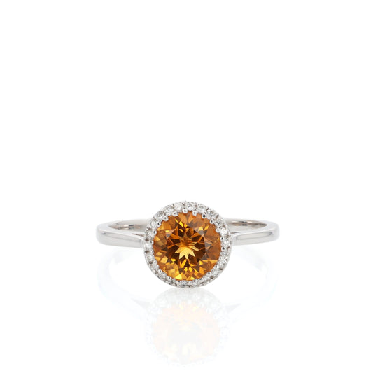 14k White Gold Round Citrine and Diamond Halo Ring