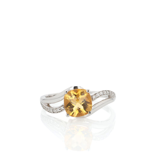 14k White Gold Cushion Citrine and Diamond Split Shank Bypass Ring