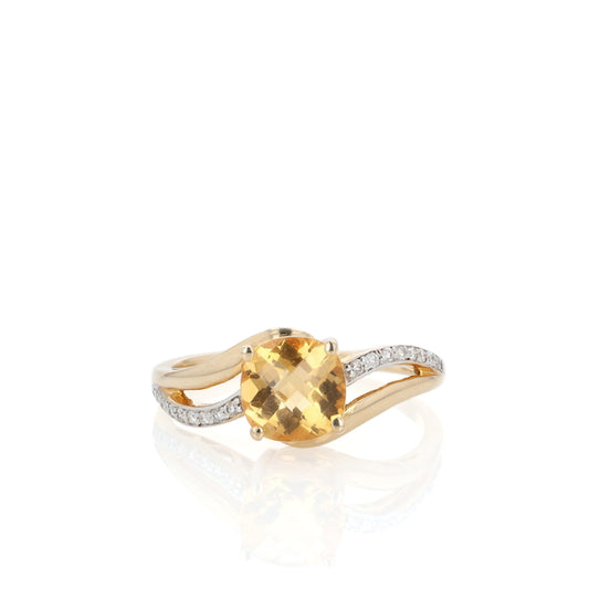14k Yellow Gold Cushion Citrine and Diamond Split Shank Bypass Ring