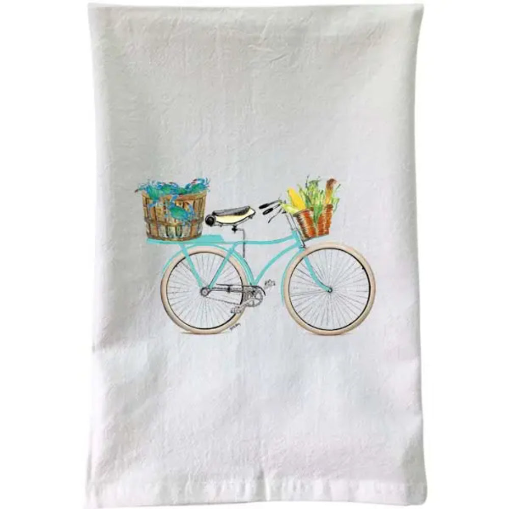 B McVan Designs Teal Bike Crabs & Corn Flour Sack Towel