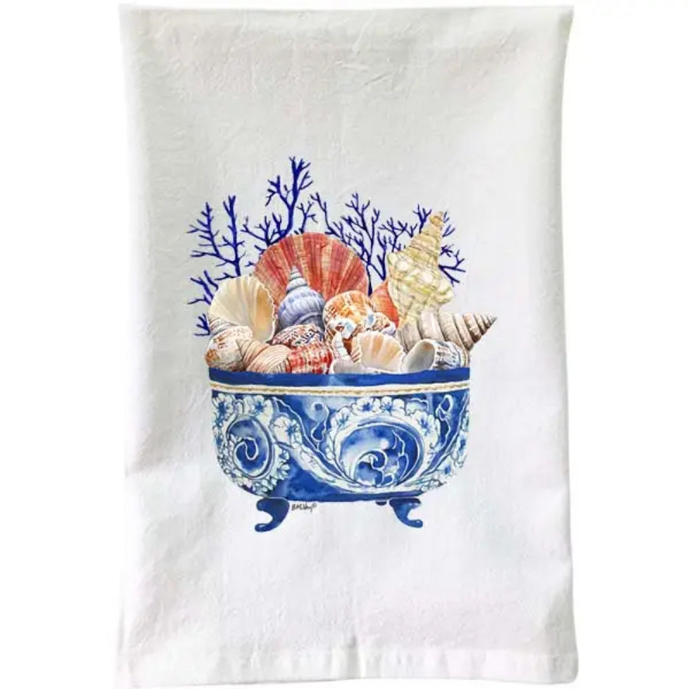 B McVan Designs Blue & White Bowl of Shells Flour Sack Towel