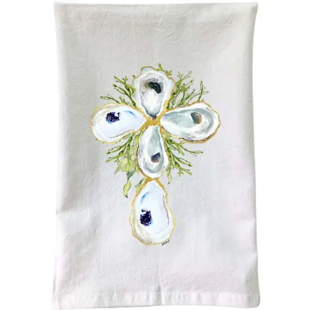 A white kitchen tea towel featuring a watercolor-style design of four oysters arranged in a cross shape, accented with green seaweed and gold outlines.