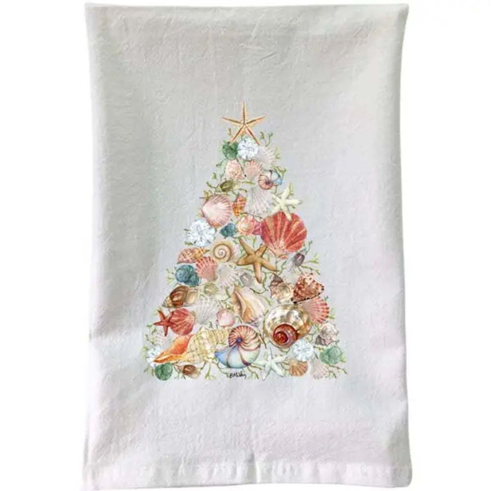 A white kitchen tea towel featuring a watercolor-style Christmas tree made of seashells, starfish, and small green leaves, set against a plain white background.