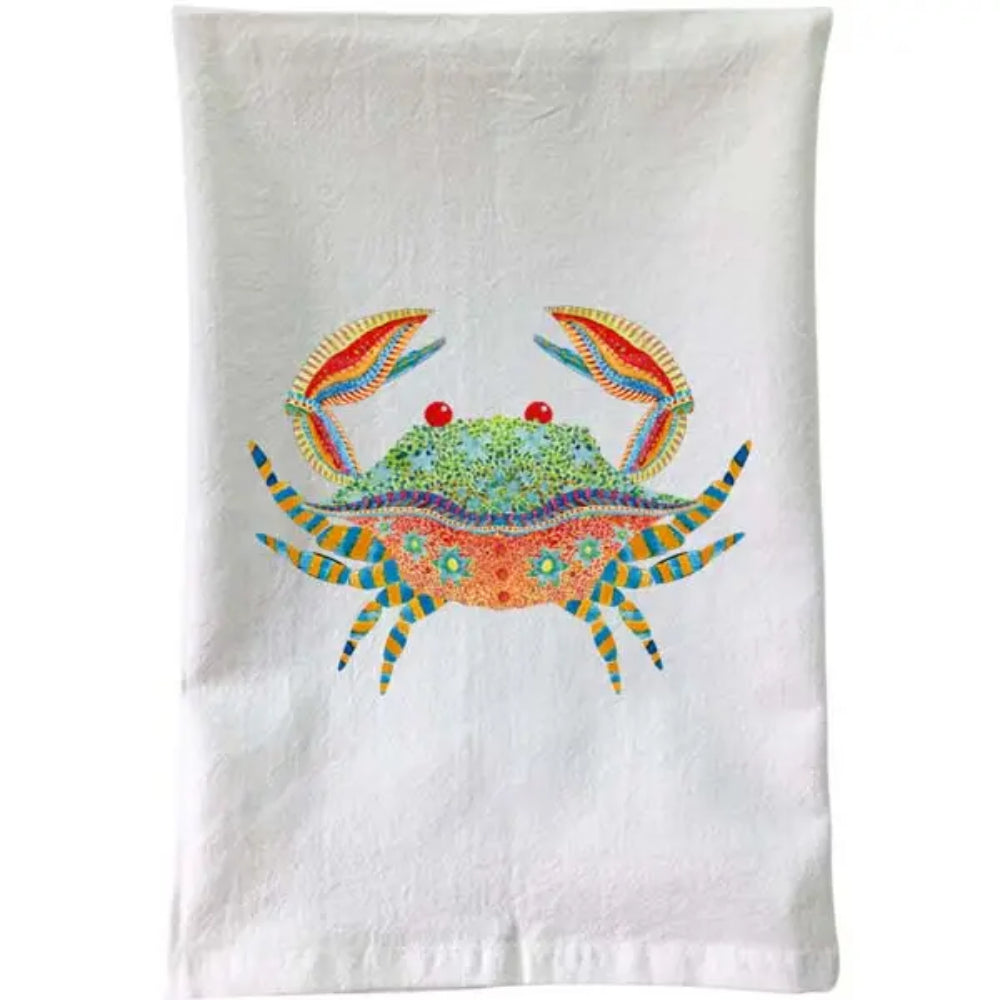 White towel with a colorful embroidered crab design on a white background