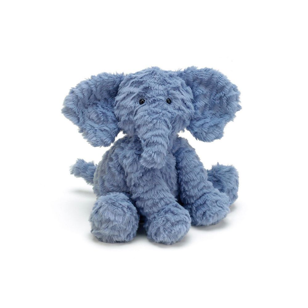 Blue plush elephant toy on a white background