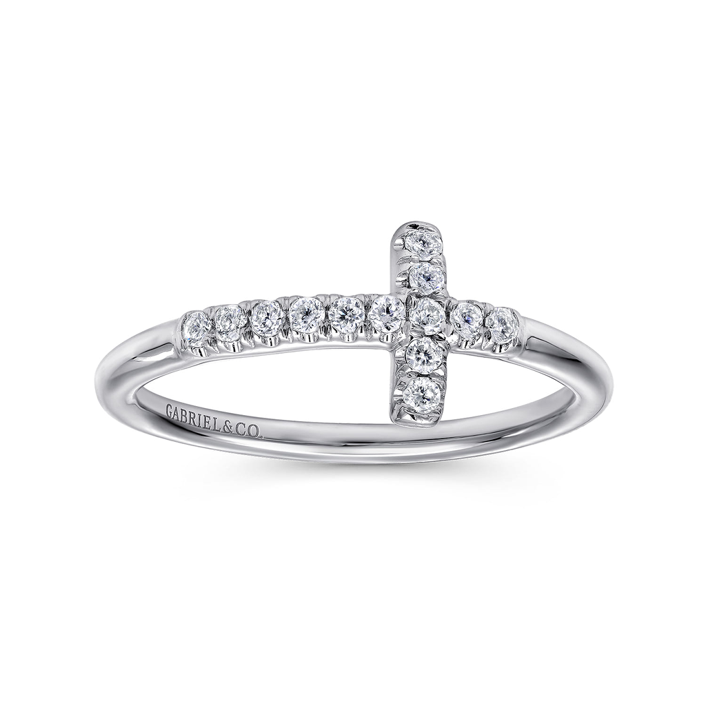 Diamond ring with a cross design on a white background, featuring the brand 'GABRIEL & CO'.
