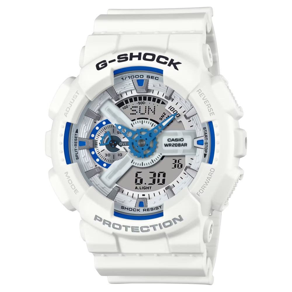 White G-Shock watch with blue accents on a white background