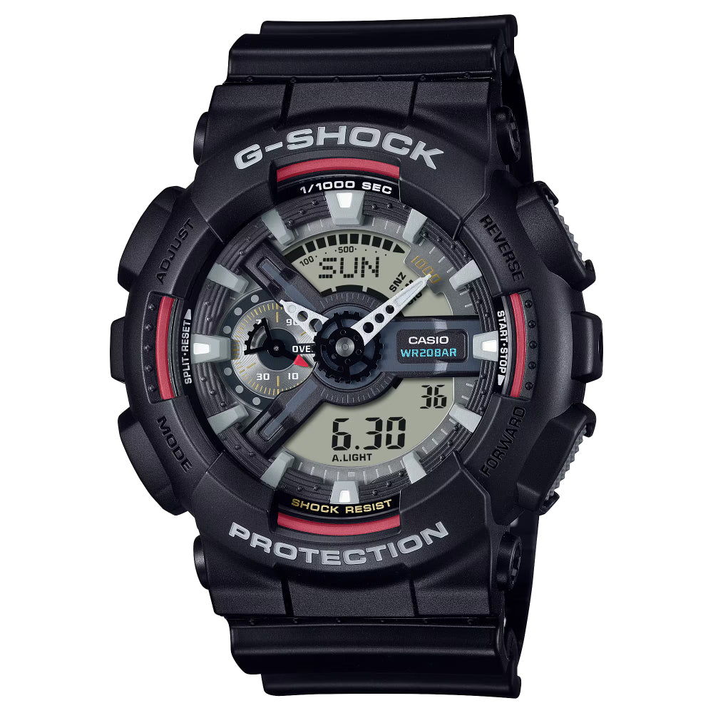 Black Casio G-Shock watch with digital and analog display on a white background