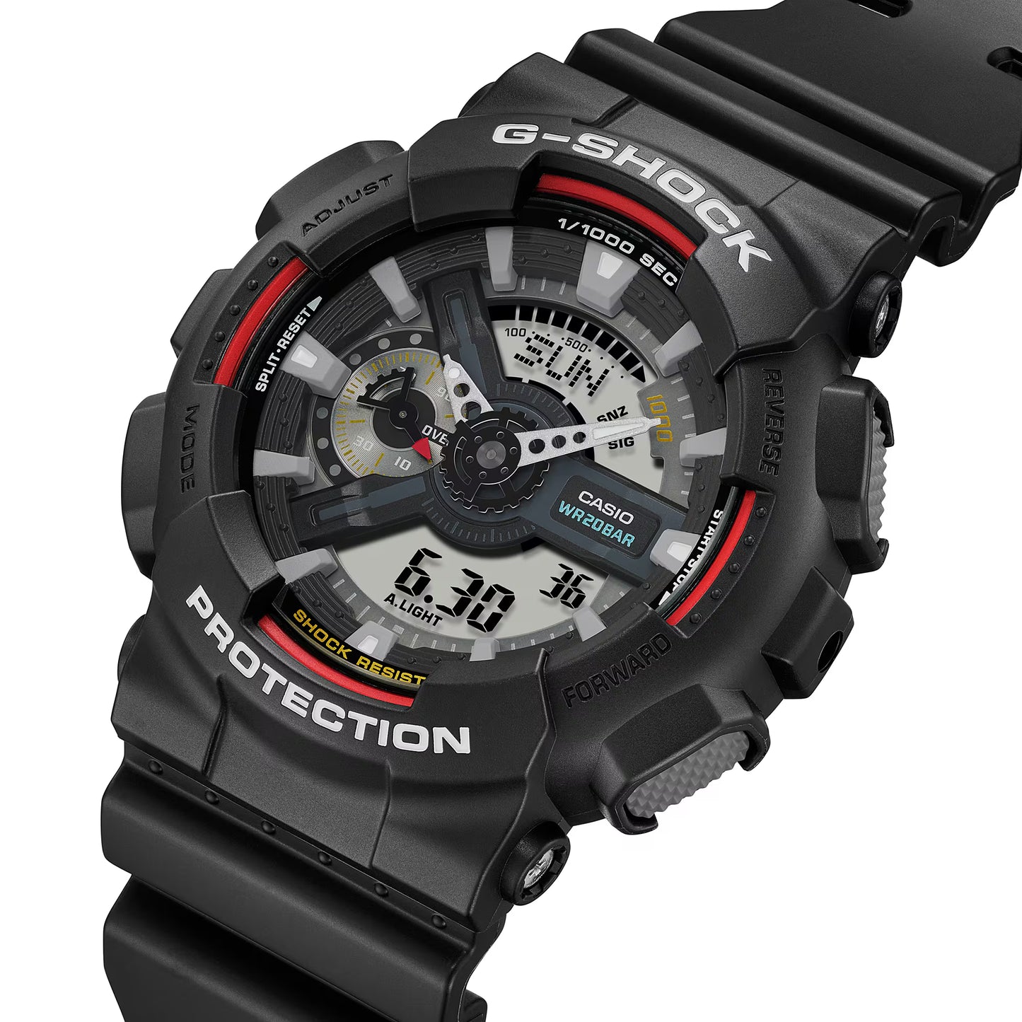 Black Casio G-Shock watch with digital and analog display on a white background