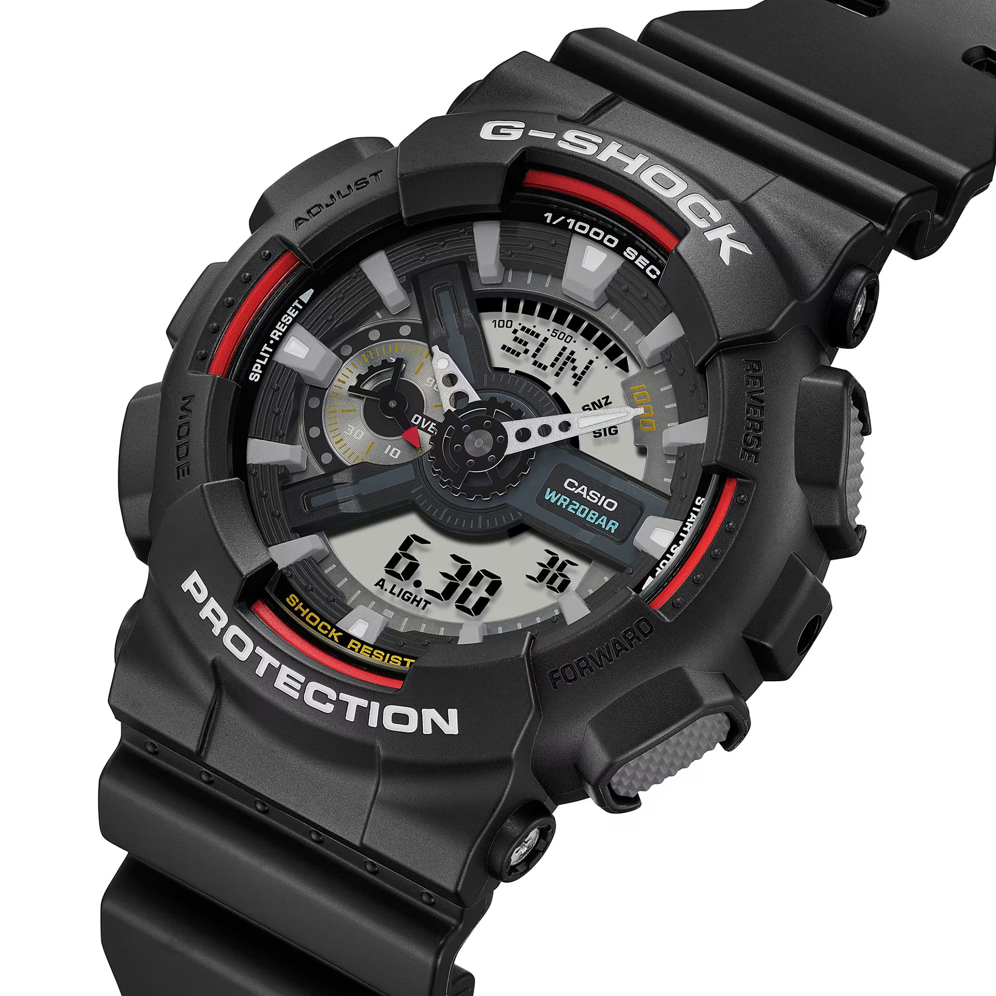 Black Casio G-Shock watch with digital and analog display on a white background