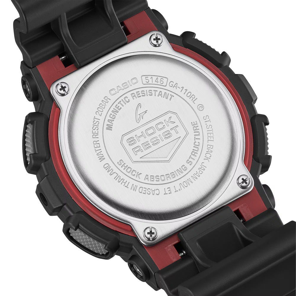 Back view of a Casio watch with 'Shock Resistant' text on a white background