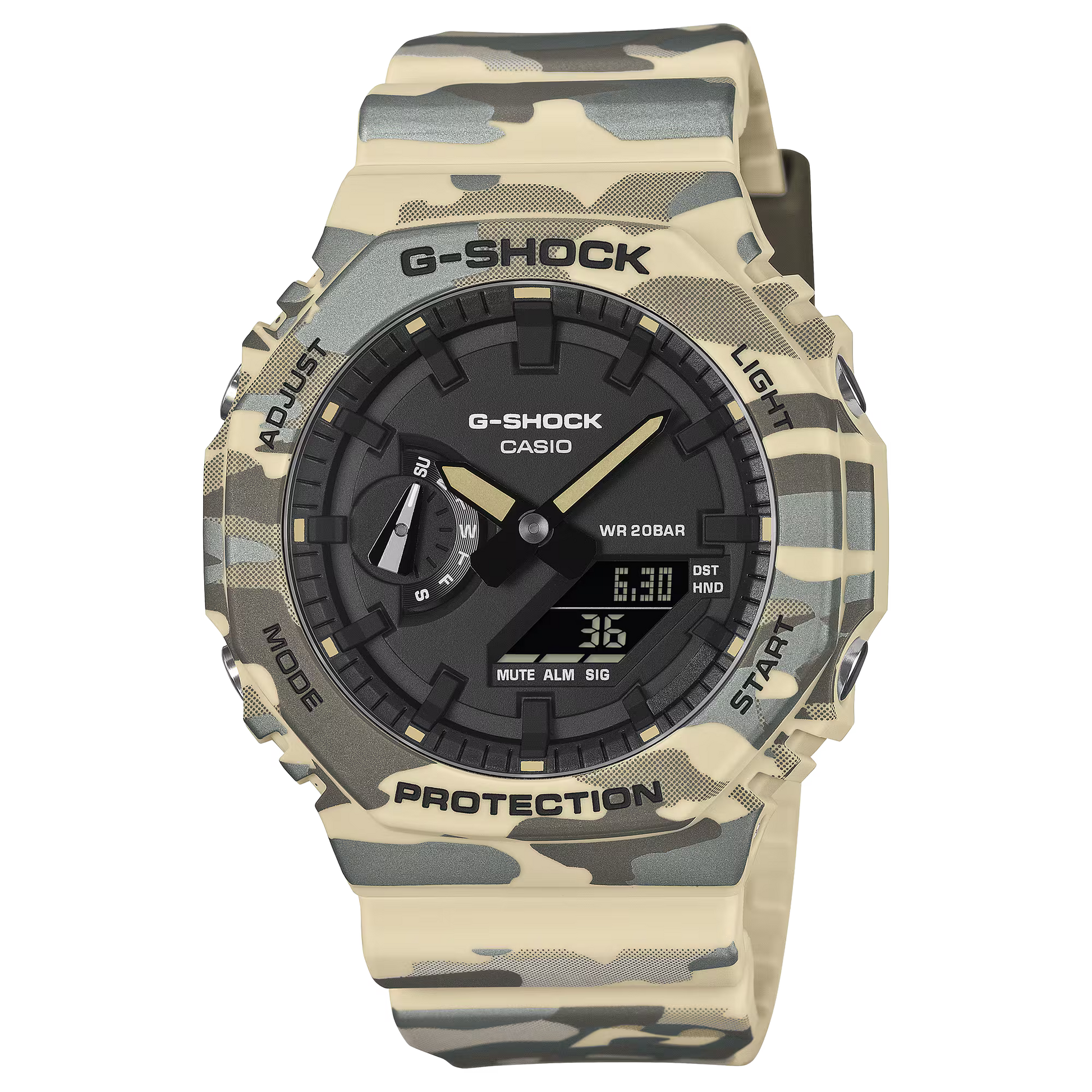 Camouflage G-Shock watch with black face on a white background