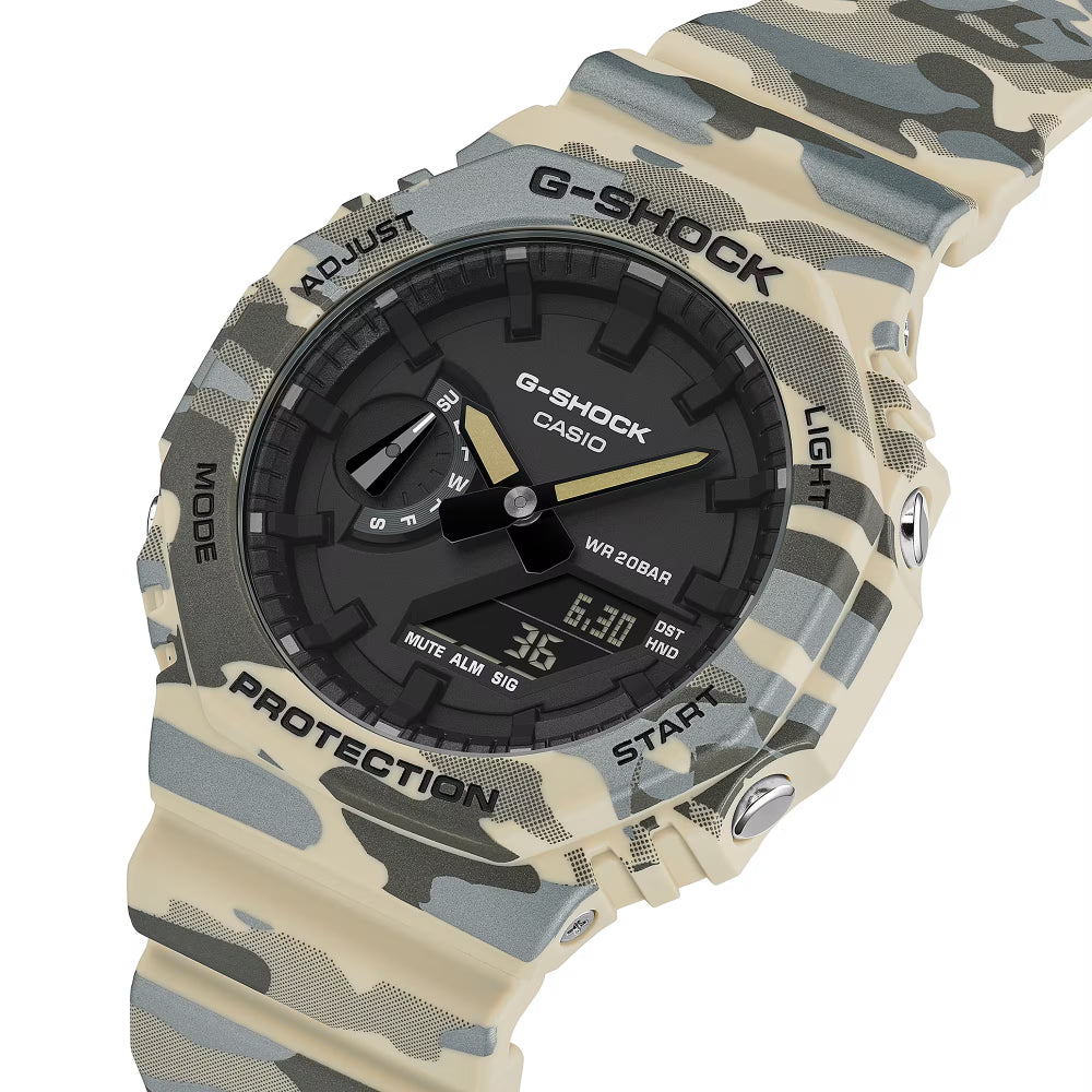 Camouflage G-Shock watch with black face on a white background