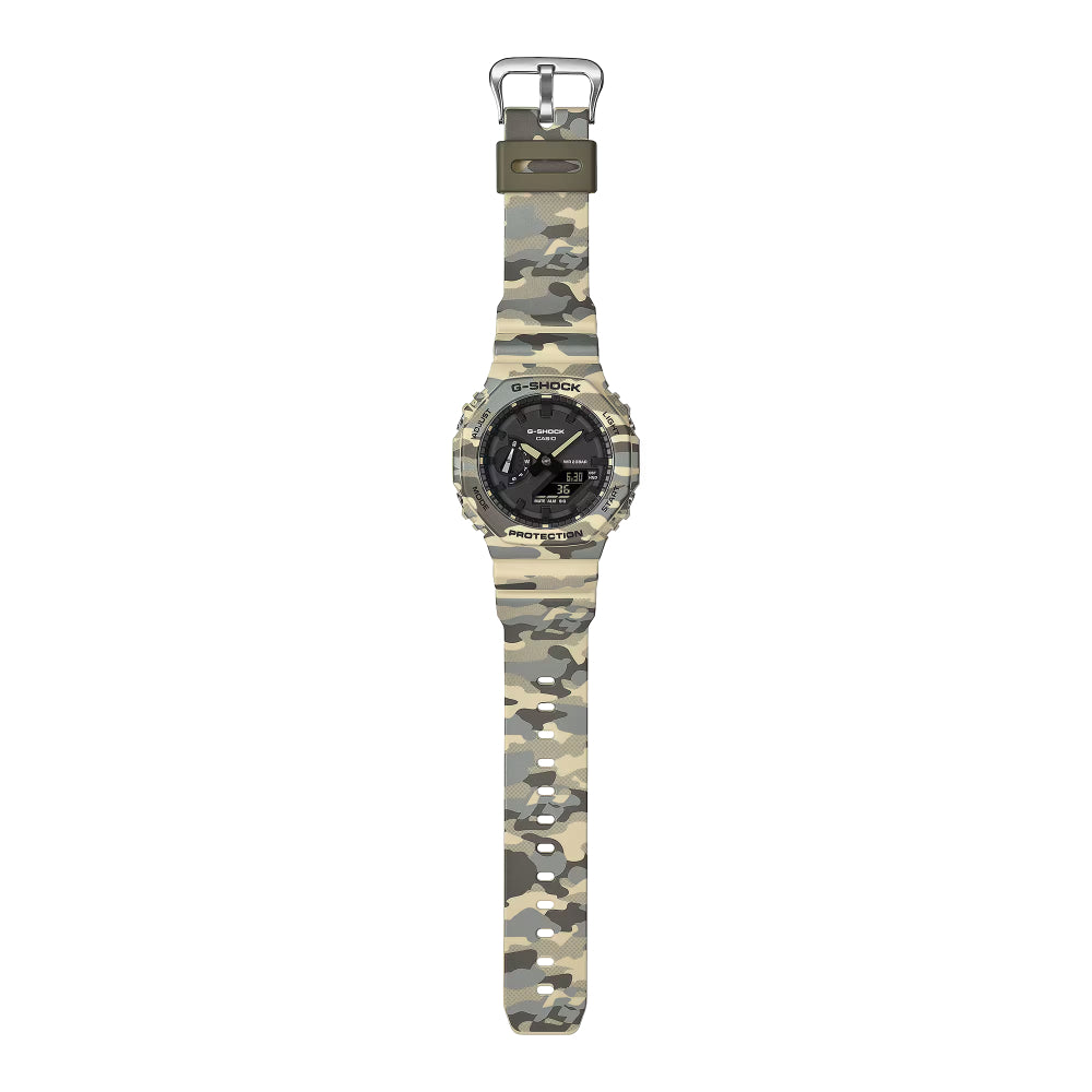 Casio G-Shock watch with camouflage band on a white background