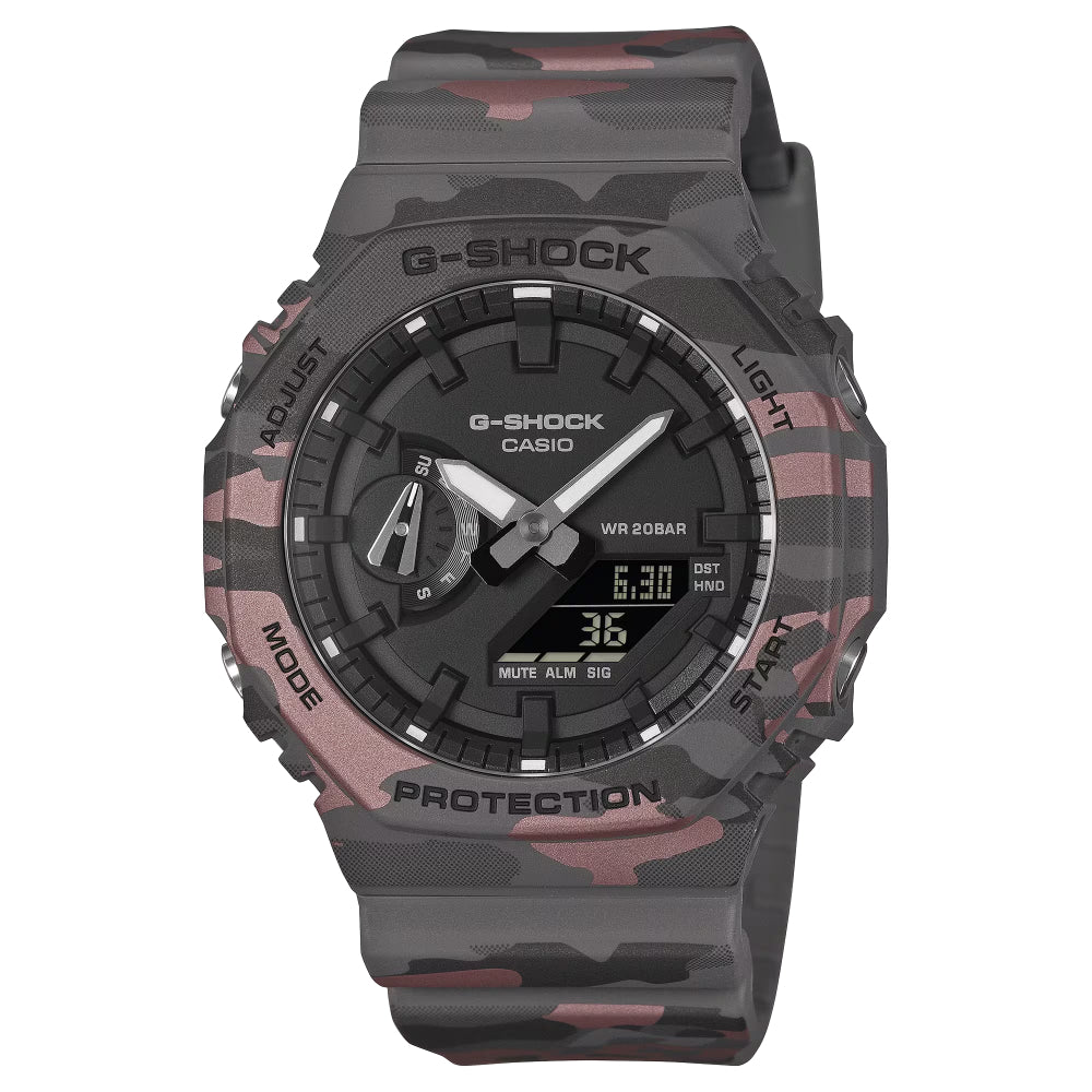 G-Shock Casio watch with camouflage pattern on a white background