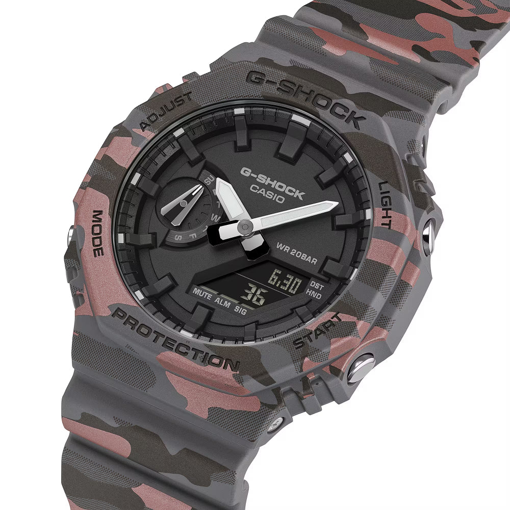 G-Shock watch with camouflage band on a white background