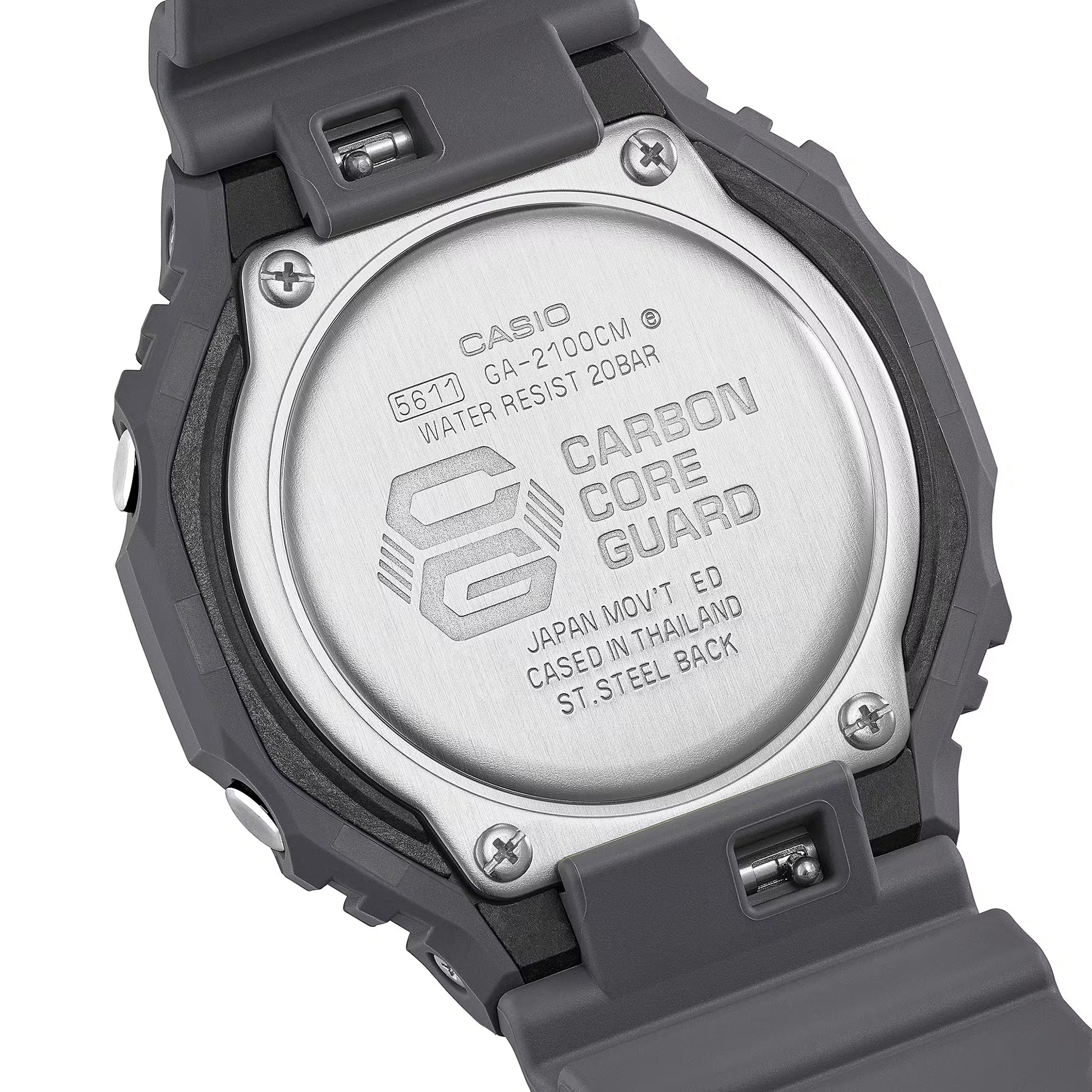 Back view of a Casio watch with 'Carbon Core Guard' text on a white background