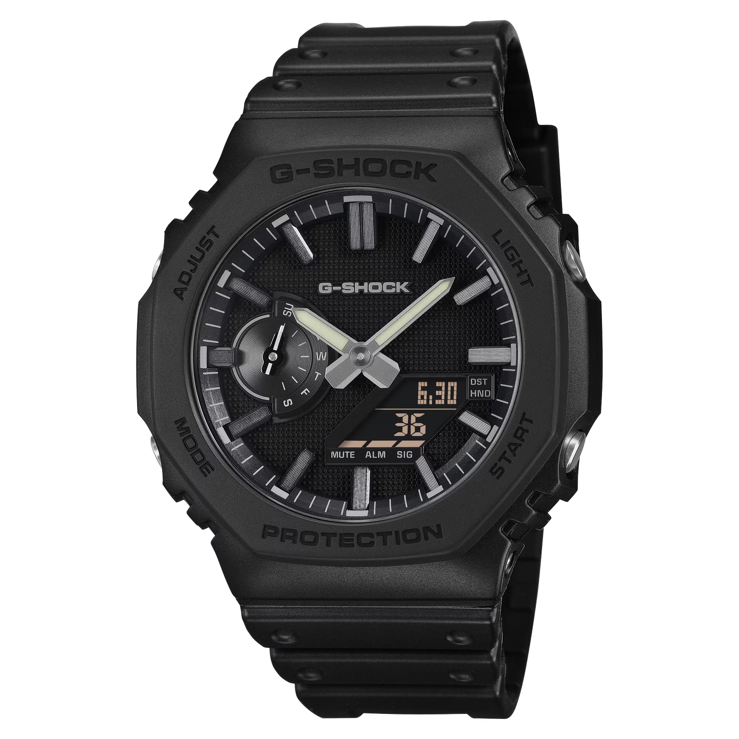 A black G-Shock analog-digital watch with a rugged octagonal case, textured black dial, and matching black resin strap, shown on a plain white background.
