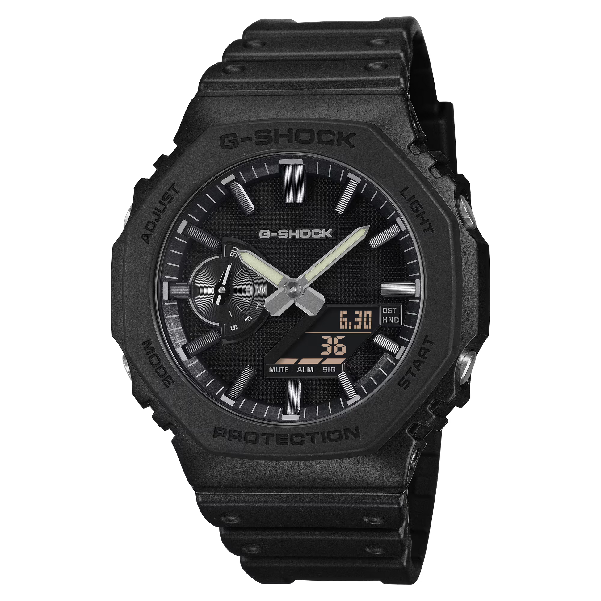 A black G-Shock analog-digital watch with a rugged octagonal case, textured black dial, and matching black resin strap, shown on a plain white background.