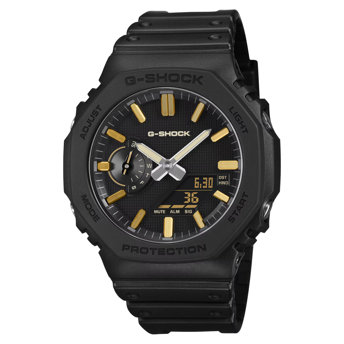 A black G-Shock analog-digital watch with gold-tone accents on the dial, bezel, and hour markers, set against a plain white background.