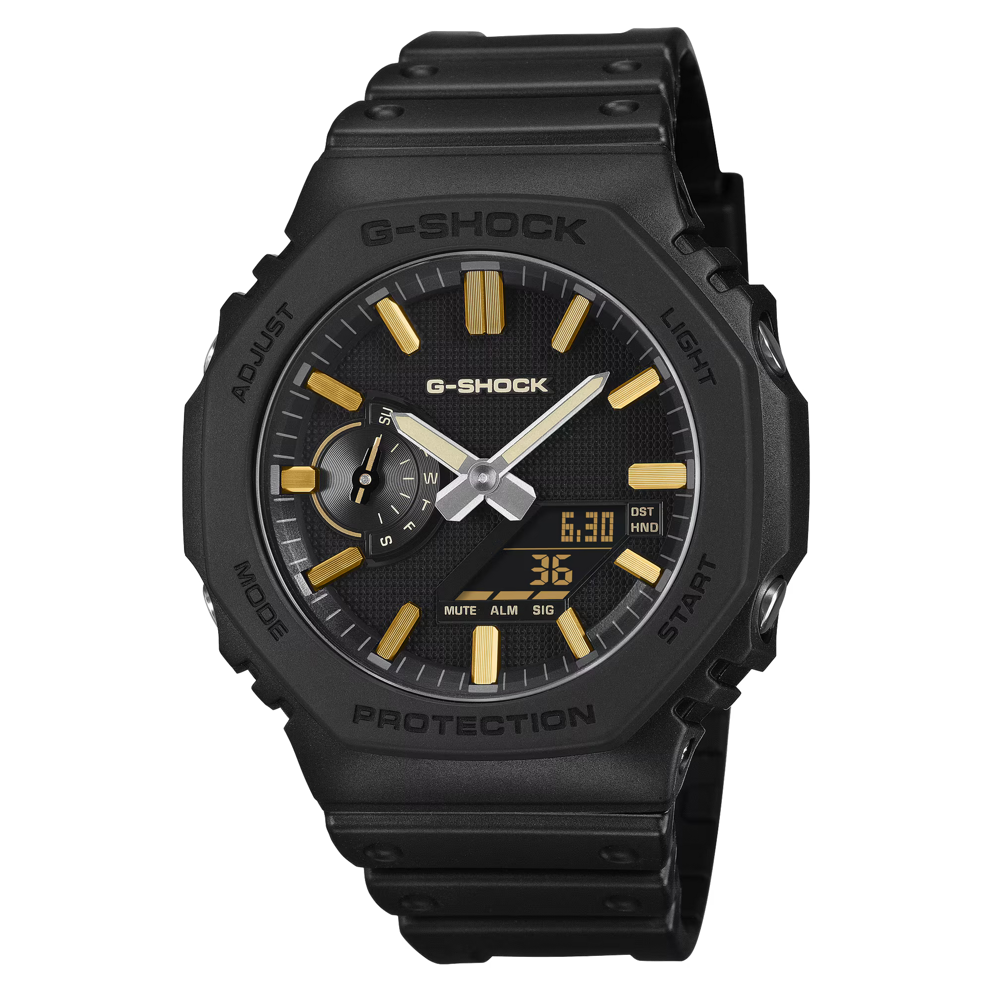 A black G-Shock analog-digital watch with gold-tone accents on the dial, bezel, and hour markers, set against a plain white background.