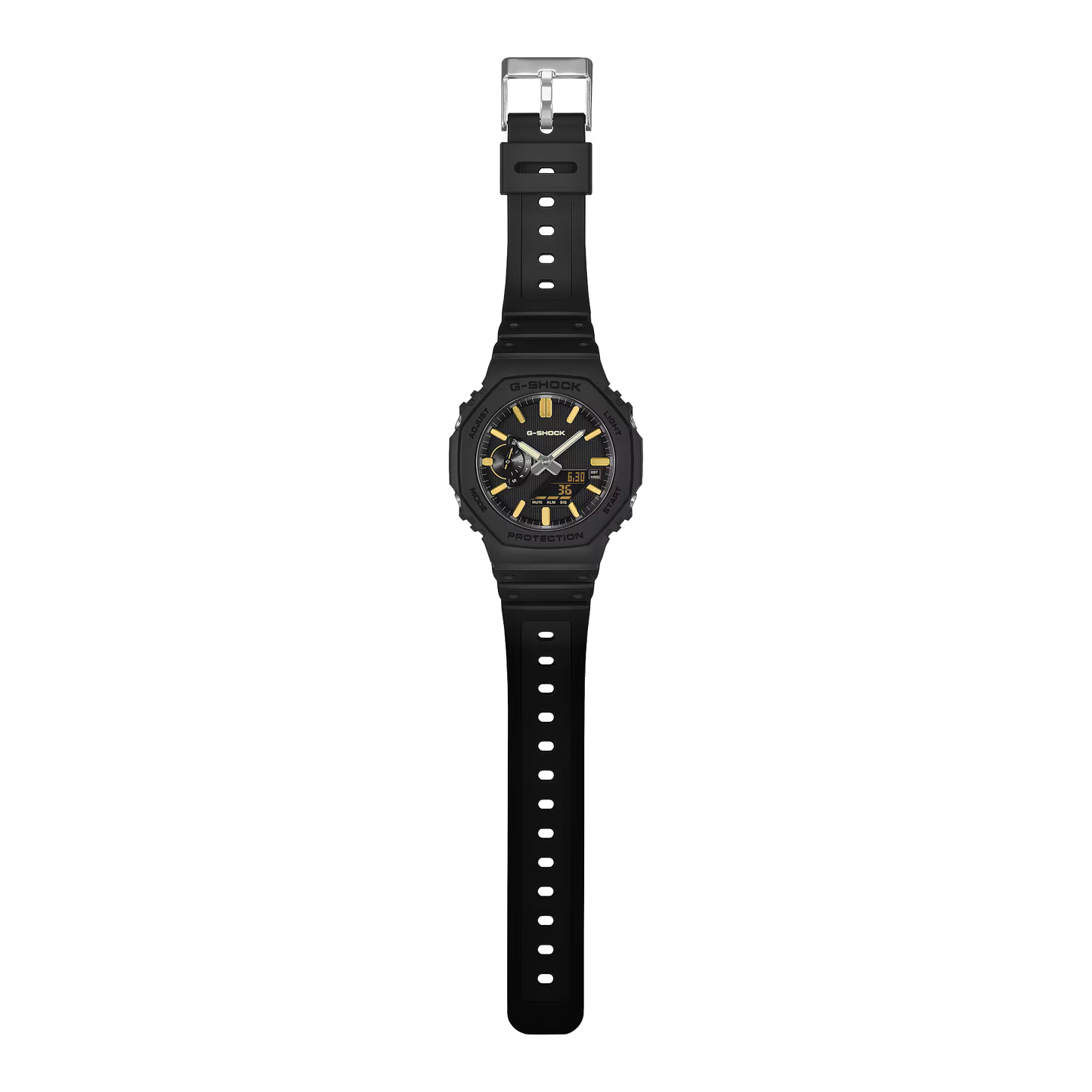 A black digital sports watch with a black silicone strap and a black dial featuring gold accents, shown against a plain white background.