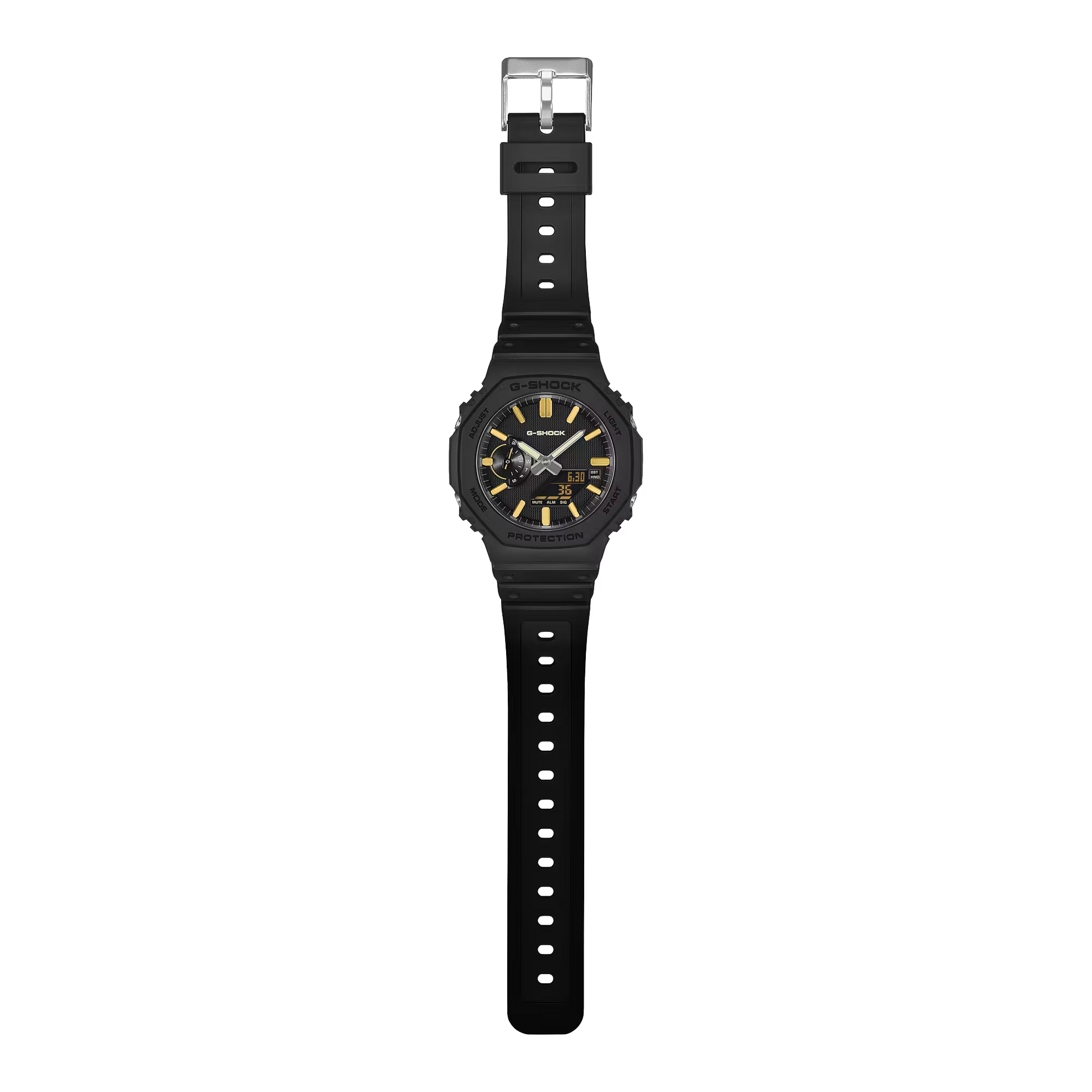 A black digital sports watch with a black silicone strap and a black dial featuring gold accents, shown against a plain white background.