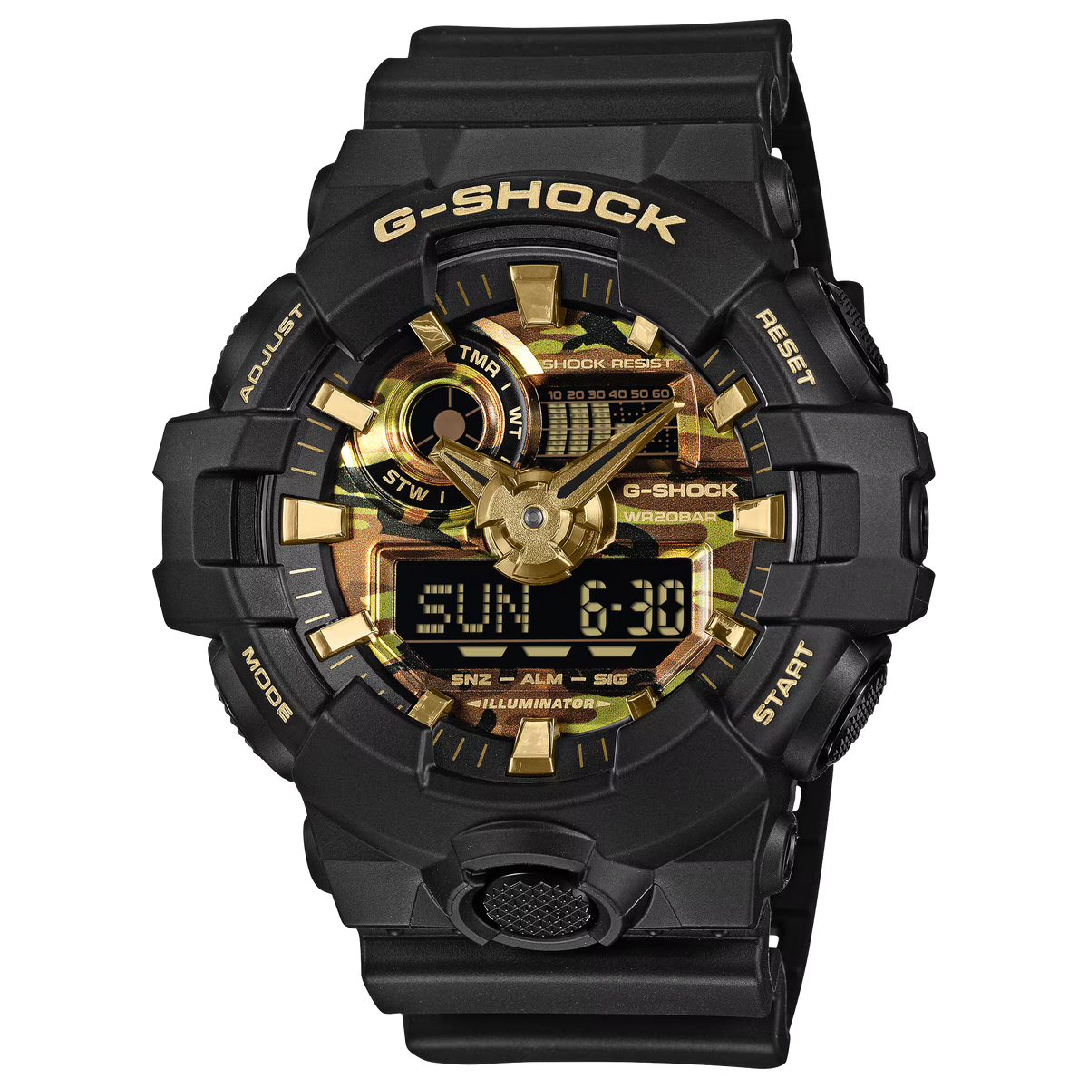 Black and gold G-Shock watch on a white background