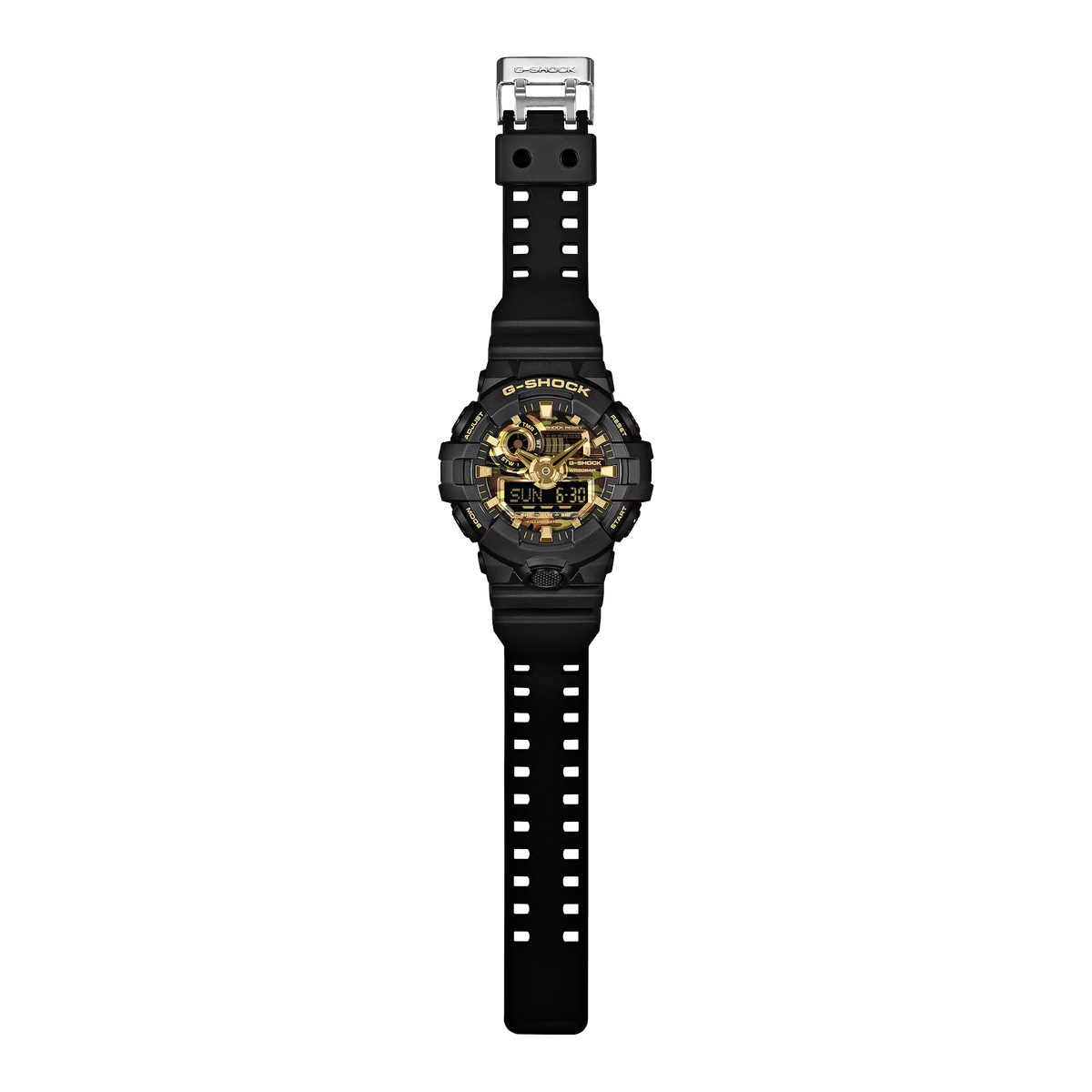 Black and gold G-Shock watch on a white background