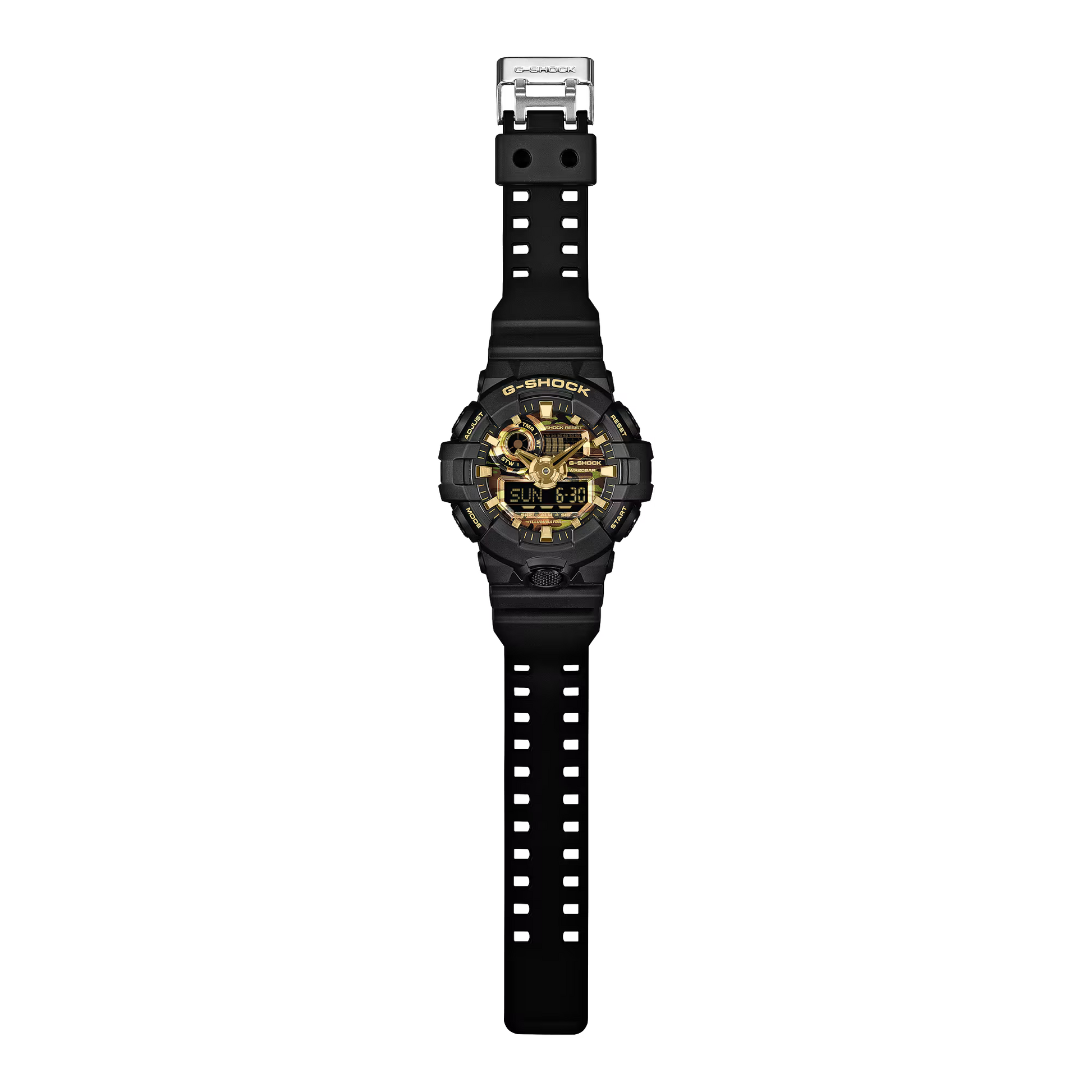 Black and gold G-Shock watch on a white background
