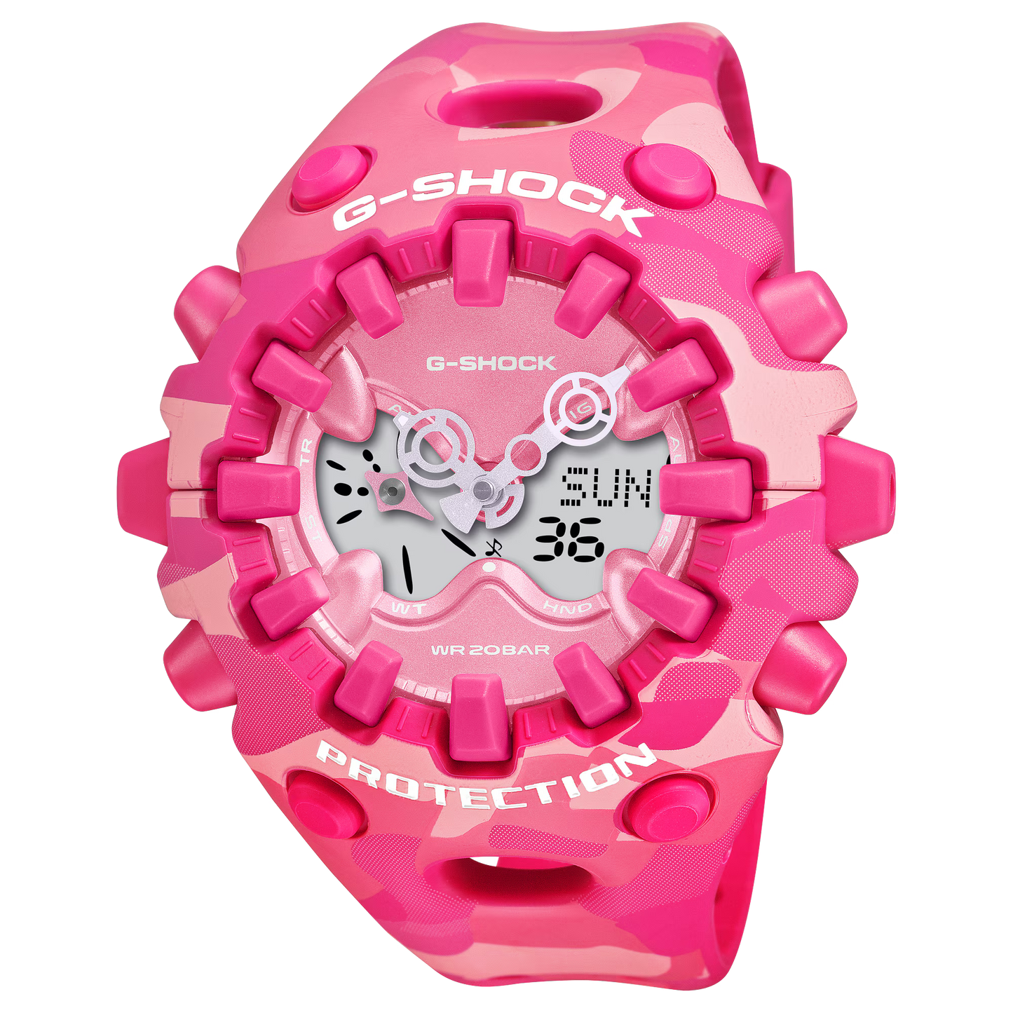 Pink G-Shock watch with digital display on a white background
