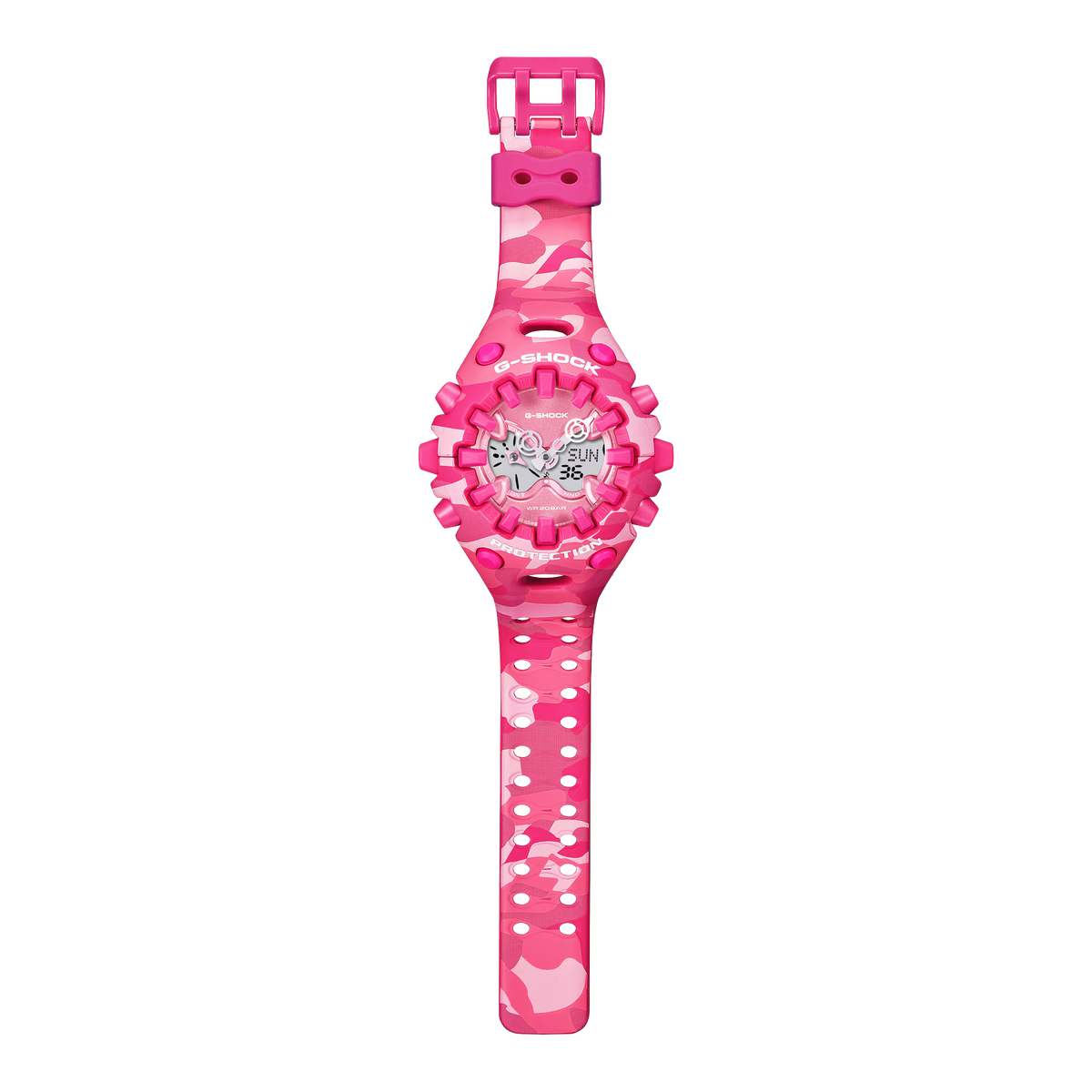 Pink G-Shock watch with digital display on a white background