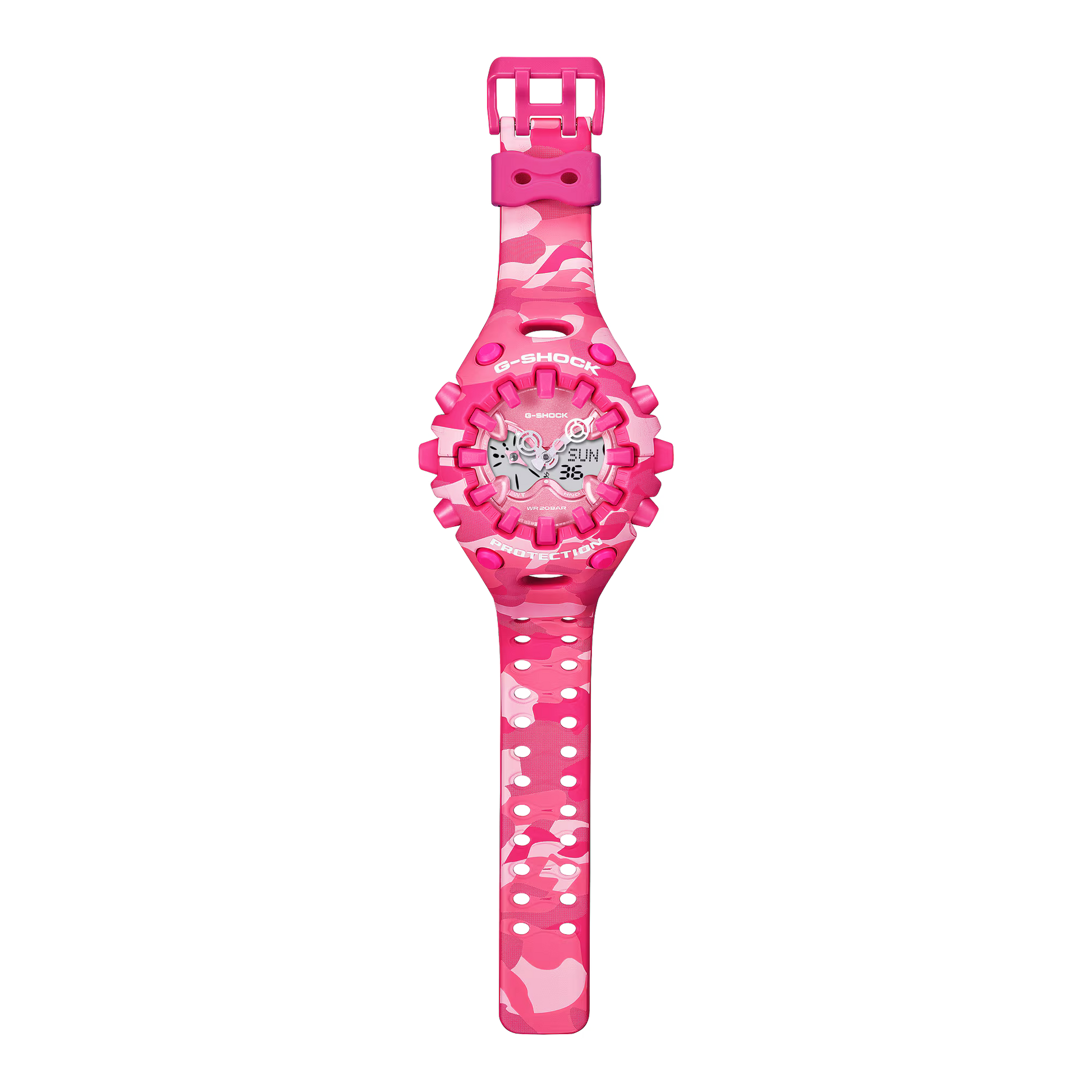 Pink G-Shock watch with digital display on a white background