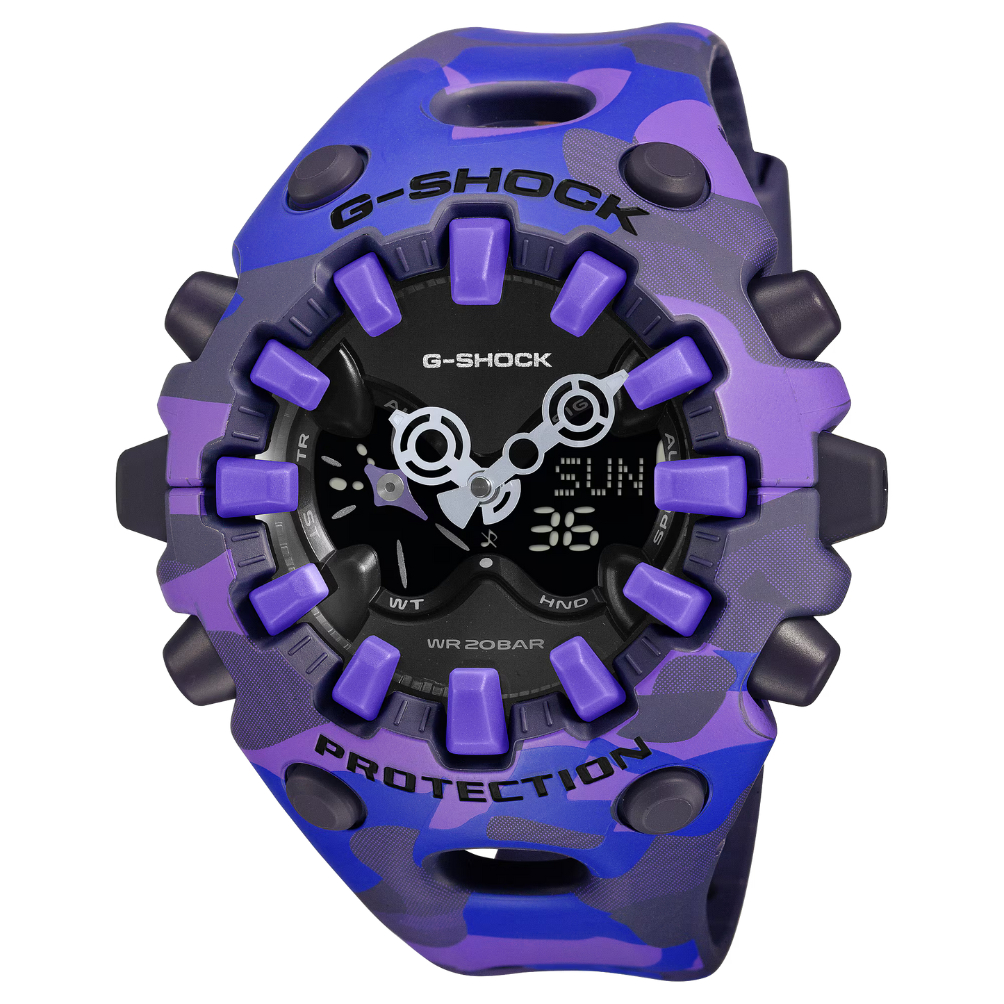 G-Shock watch with purple and blue camouflage pattern on a white background