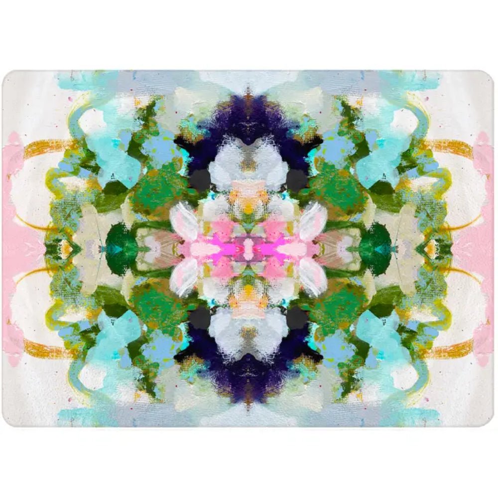 A square abstract art print cutting board featuring a symmetrical, kaleidoscopic design with watercolor-like textures in pastel pink, mint green, teal, olive green, cream, and dark purple on a white background.