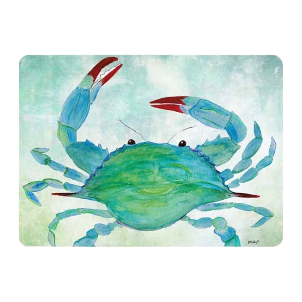 Colorful illustration of a blue crab on a light green background cutting board