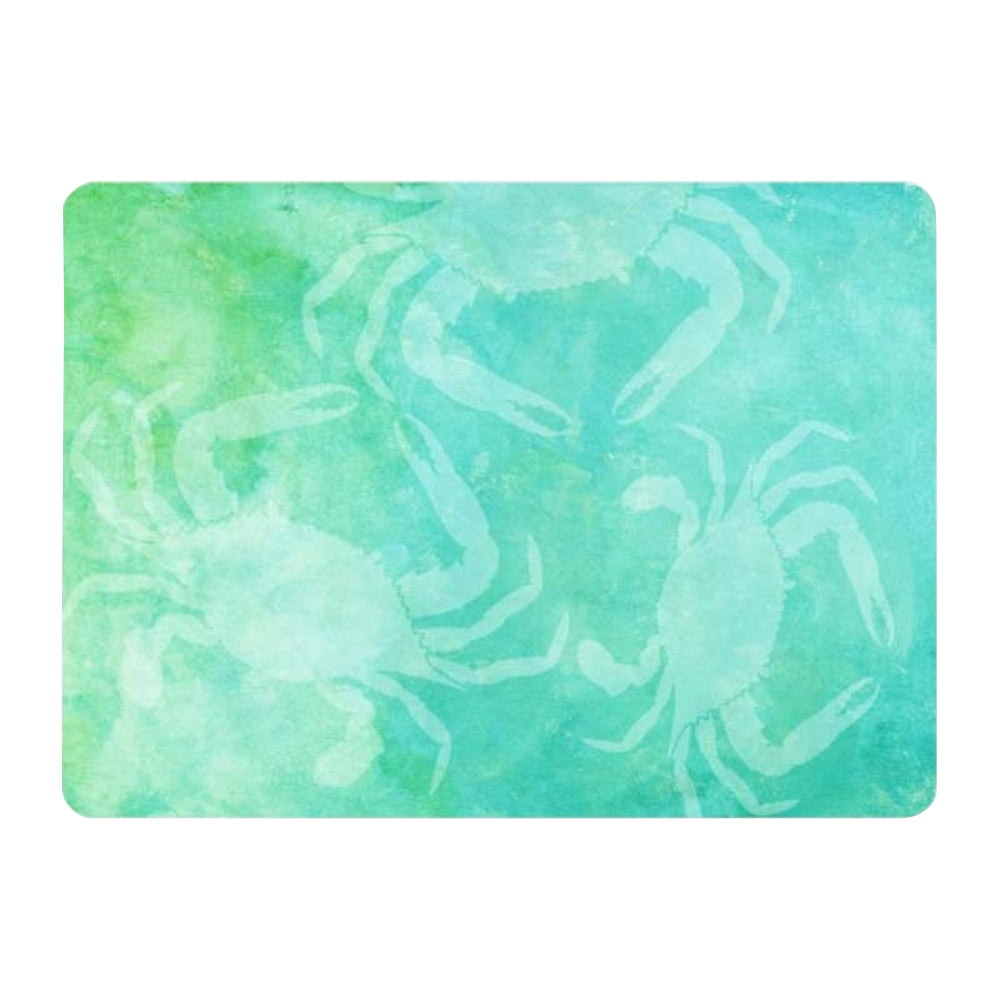 Marbled green and blue cutting board with abstract design of crabs. 
